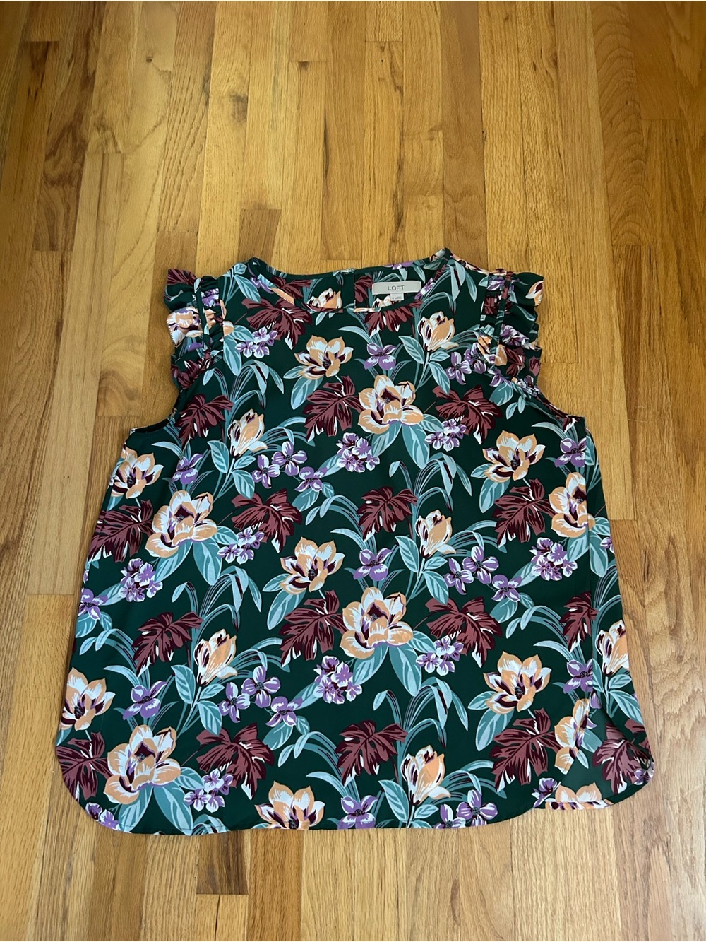 LOFT Dark Green Floral Ruffle Shell